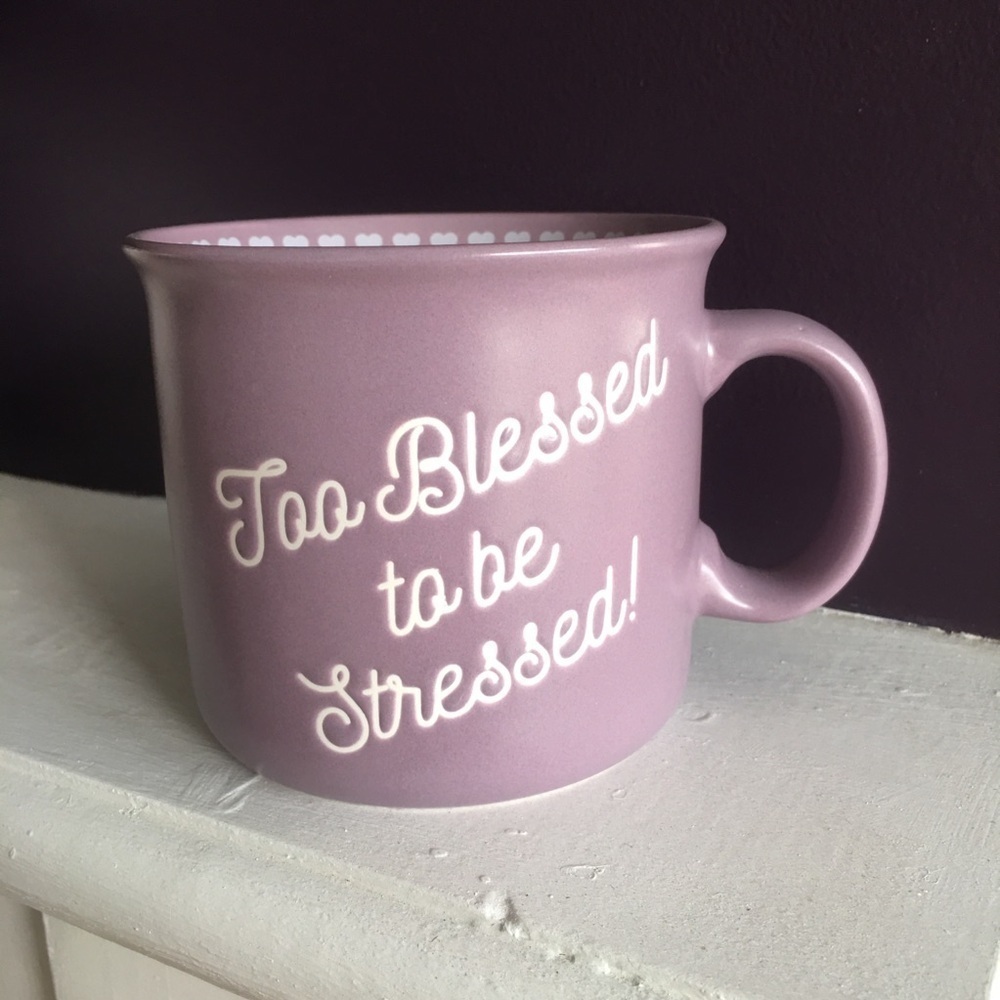 “Too Blessed to be Stressed” Oversized Coffee Mug, Purple, White, 20 oz
